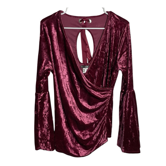 Venus Boho Velvet Top Womens L Burgundy Bell Sleeve V-Neck Fairy Whimsigoth - Picture 1 of 7